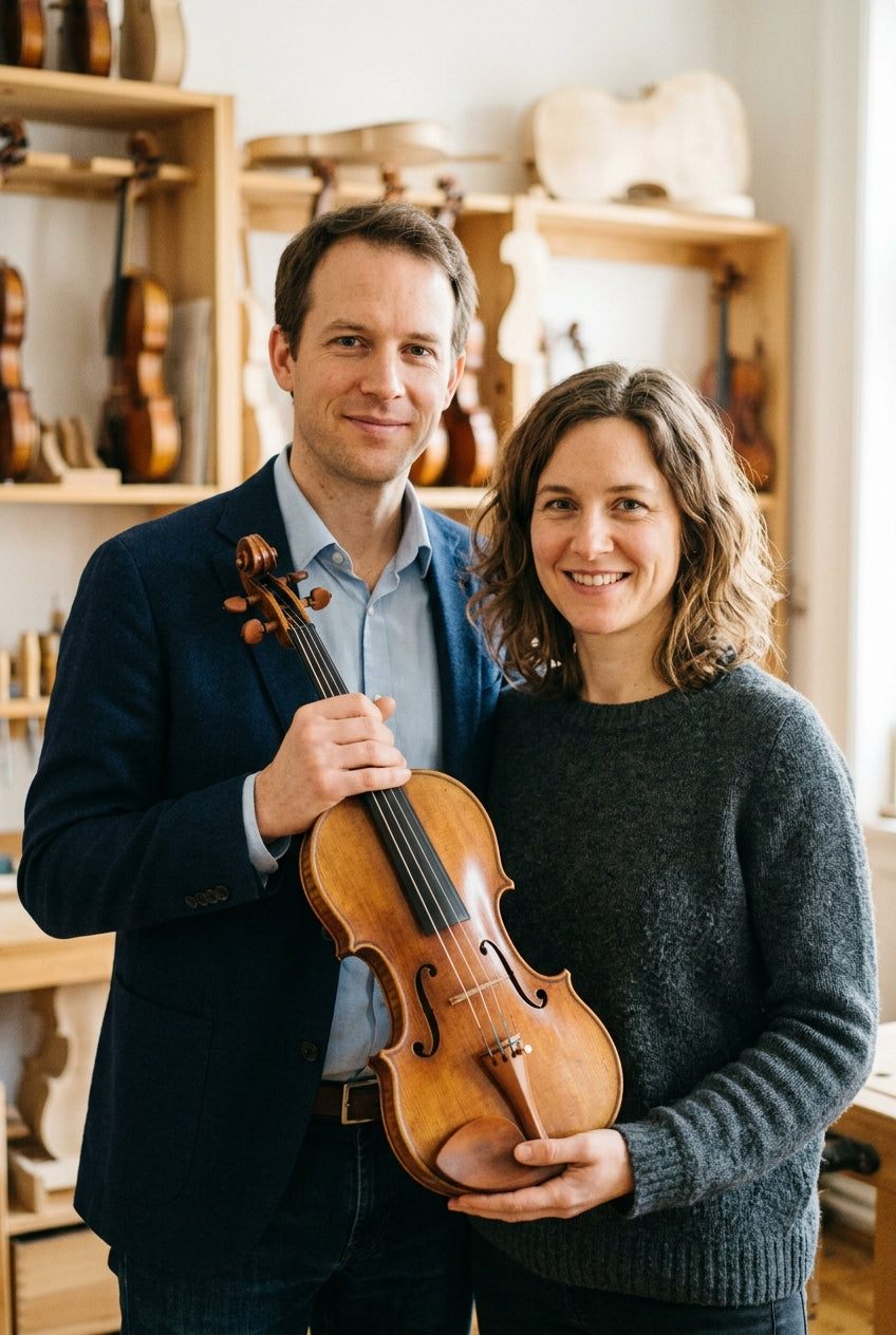Two founders holding violins in their workshop