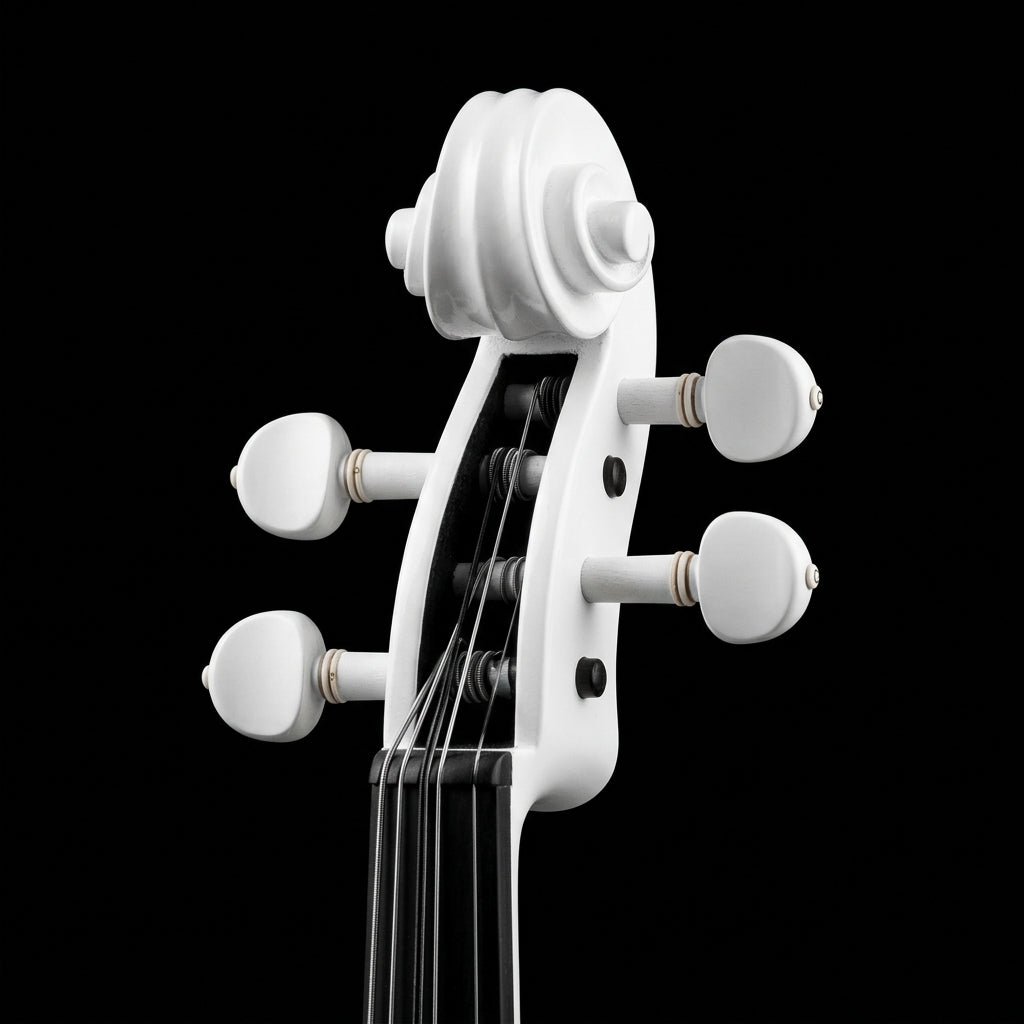 White violin scroll and pegbox on a black background